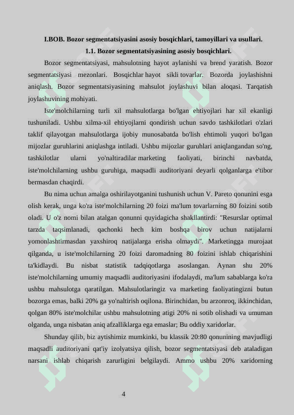 Bozor segmentatsiyasini asosiy bosqichlari, tamoyillari va usullari. 3
