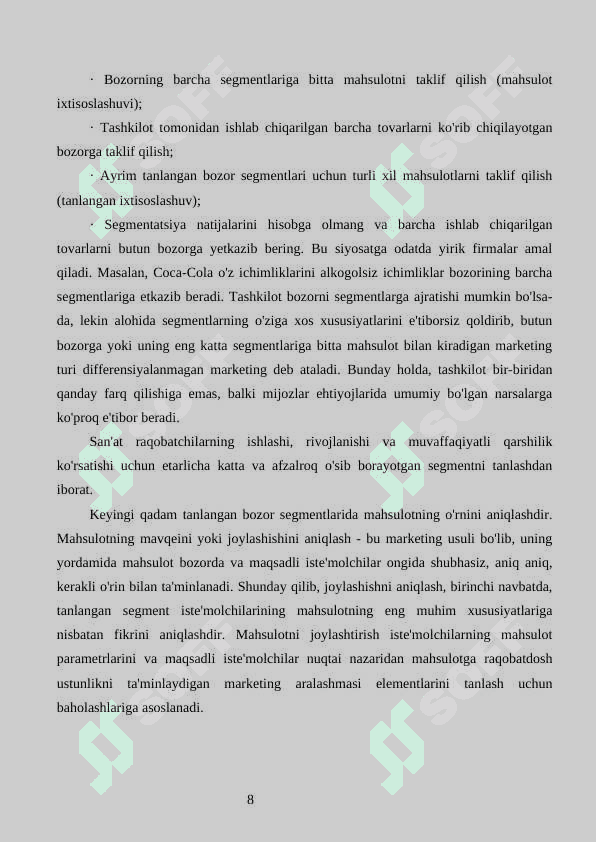 Bozor segmentatsiyasini asosiy bosqichlari, tamoyillari va usullari. 7