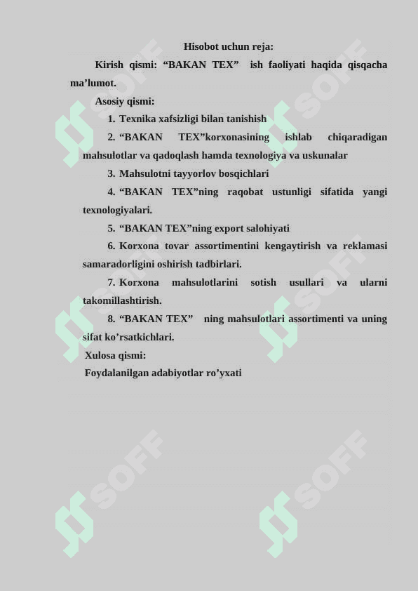 Hisobot “ BAKAN TEX ” 2