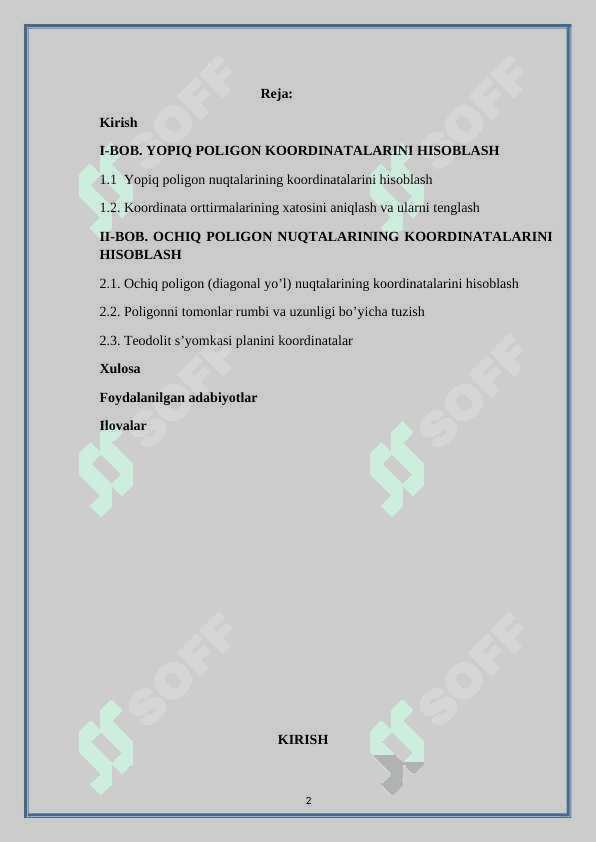 Yopiq poligonda burchaklar va koordinatalar orttirmasi xatosini aniqligi kurs ishi 2