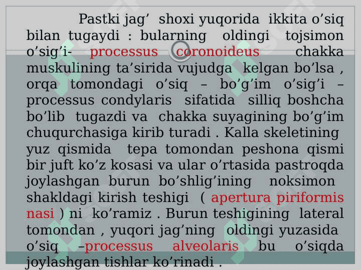 Kalla suyaklarining harakatchan va harakatsiz birikishlari .Choklar va ularning joylashuvi va hosil bo’lishi .Chakka –pastki jag’ bo’g’imi . KT, YAMR, MRT larda umumiy ko’rinish . 8