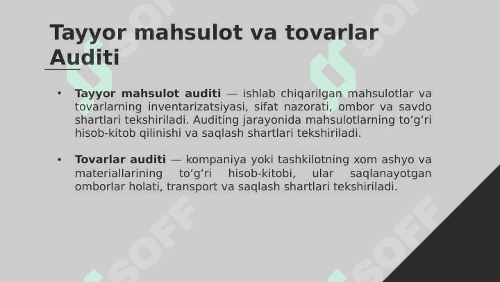 Tayyor mahsulot va tavorlar auditining maqsadi va vazifalari 2