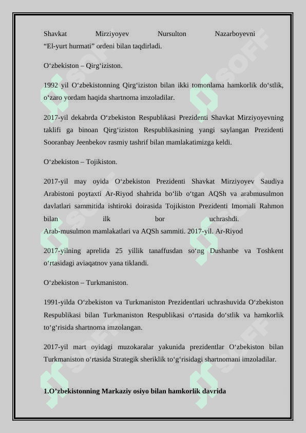 O’ZBEKISTONNIG MARKAZIY OSIYO MAMLAKATLARI BILAN HAMKORLIGINI QAYSI JARAYONLARDA KO’RISHIMIZ MUMKUN ? 4