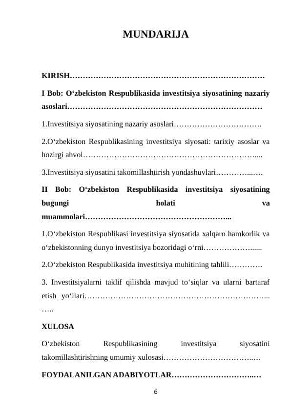 O‘zbekiston Respublikasida investitsiya siyosati