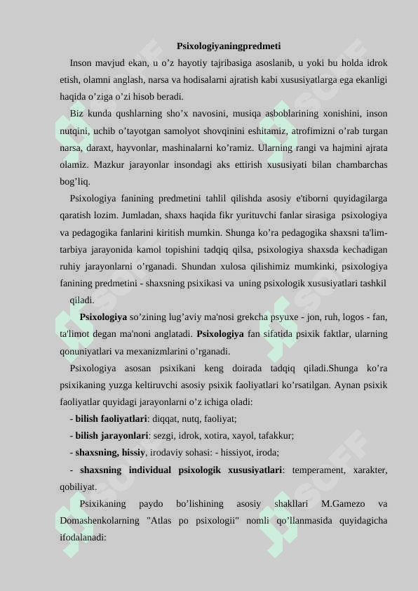 PSIXOLGIYA FANINING DOLZARB VAZIFALARI, PREDMETI ВА METODLARI 2