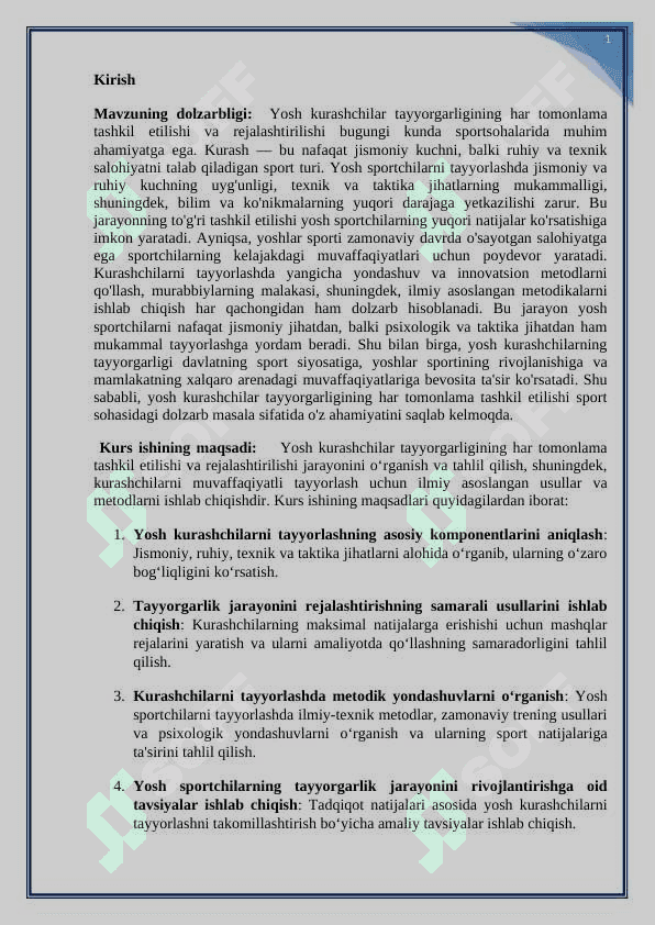 Yosh Kurashchilar tayyorgarligining har tomonlama tashkil etish va rejalashtirish 2