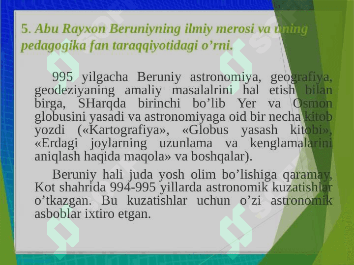 Abu Rayxon Beruniyning ilmiy merosi va uning pedagogika fan taraqqiyotidagi o’rni 3