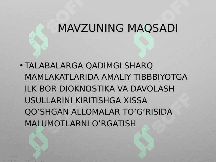 QADIMGI SHARQ MAMLAKATLARI

TIBBIYOTI, BUYUK NAMOYONDALARNING HAYOTI VA IJODI. QADIMGI MIR TIBBIYOTI. 2