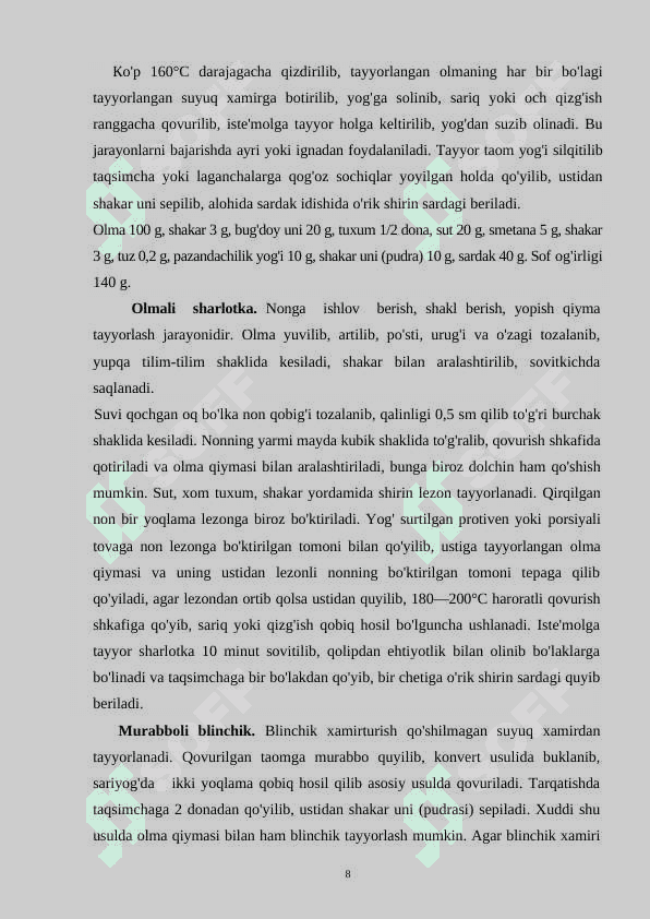 Shirin taomlar tayyorlash ”mavzusini o’qitishda zamonaviy pedagogik texnologiyalardan foydalanish 8