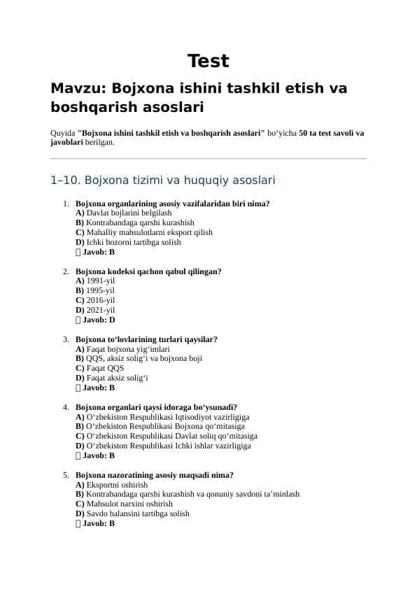 Mavzu: Bojxona ishini tashkil etish va boshqarish asoslari