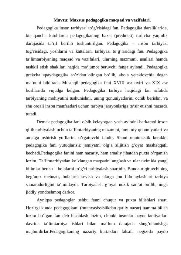 Maxsus pedagogika maqsad va vazifalari. 1