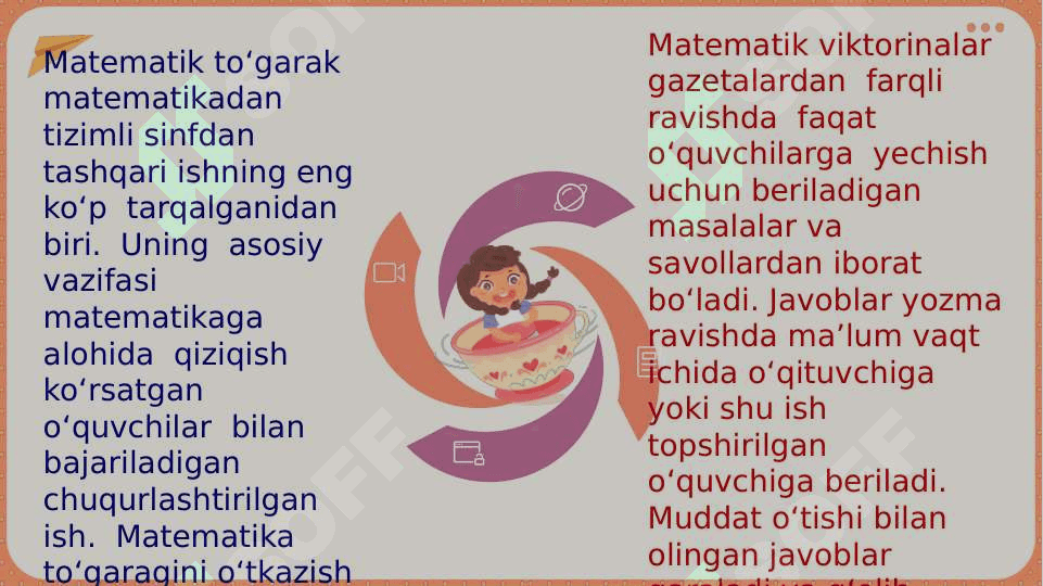Mavzu: Boshlang‘ich sinflarda matematikadan sinfdan tashqari ishlarni tashkil etishning maqsad va vazifalari .Boshlang‘ich sinflarda matematikadan sinfdan tashqari ishlarni tashkil etish turlari 7