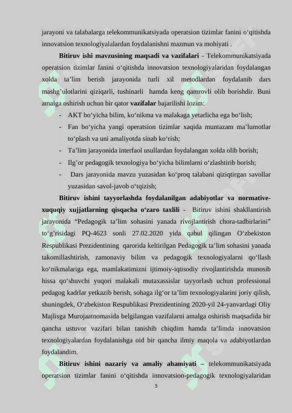 Bitiruv malakaviy ish (Telekommunikatsiyada operatsion tizimlar fanini oʻqitishda innovatsion texnologiyalaridan foydalanish) 5