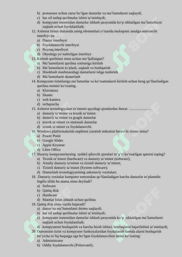 Kompyuter ta'minoti test javobi bilan 200ta 3