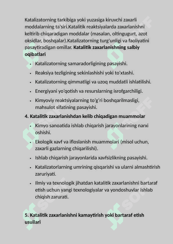 Katalitik zaxarlanishning salbiy oqibatlari va undan kelib chiqadigan muamolar. 2