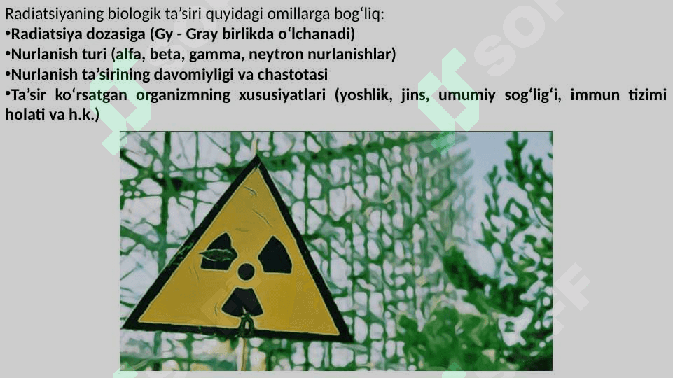 Radiatsiya ta’sirida kelib chiquvchi biologik o‘zgarishlar. Radiatsiyadan zaharlanish vaqtida zarur bo‘lgan asosiy kimyoviy ko‘nikmalar 4