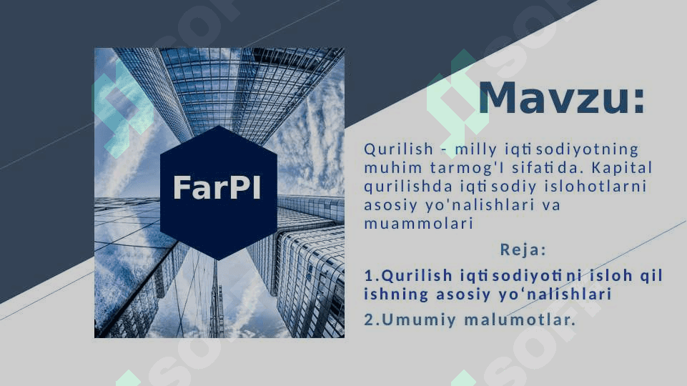 Qurilish - milly iqtisodiyotning muhim tarmog'I sifatida. Kapital qurilishda iqtisodiy islohotlarni asosiy yo'nalishlari va muammolari 2