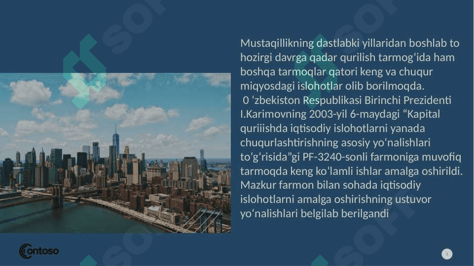 Qurilish - milly iqtisodiyotning muhim tarmog'I sifatida. Kapital qurilishda iqtisodiy islohotlarni asosiy yo'nalishlari va muammolari 3