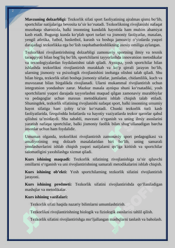 Jismoniy sifatlar tezkorlik sifatlar va uni rivojlantirish metodikasi. KURS ISHI 3