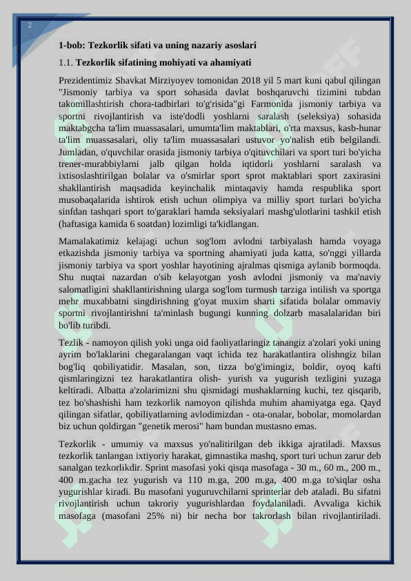 Jismoniy sifatlar tezkorlik sifatlar va uni rivojlantirish metodikasi. KURS ISHI 5