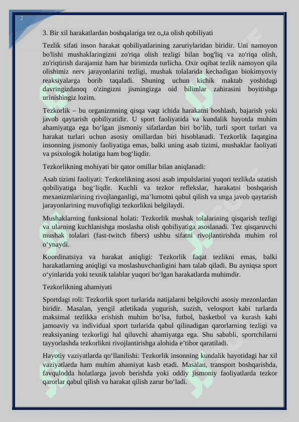 Jismoniy sifatlar tezkorlik sifatlar va uni rivojlantirish metodikasi. KURS ISHI 7
