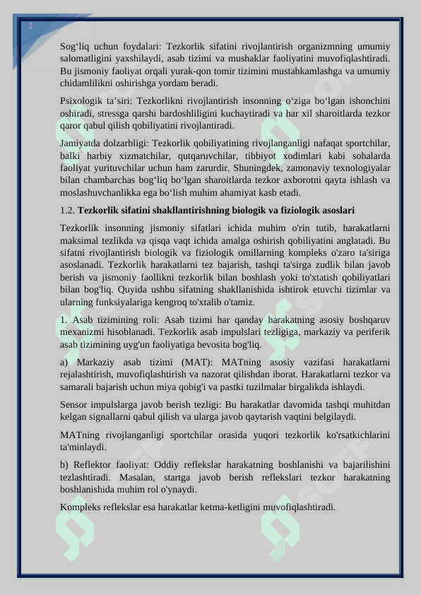 Jismoniy sifatlar tezkorlik sifatlar va uni rivojlantirish metodikasi. KURS ISHI 8