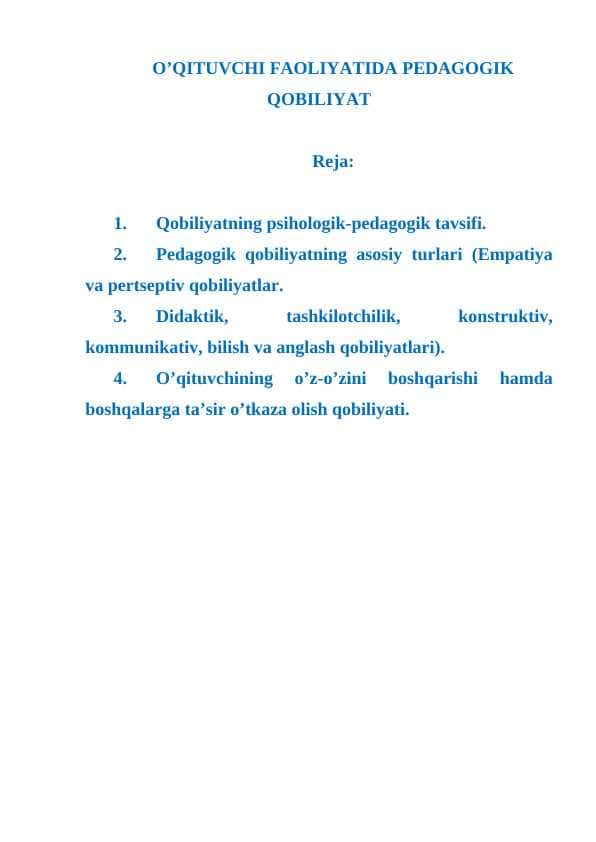 O’QITUVCHI FAOLIYATIDA PEDAGOGIK QOBILIYAT