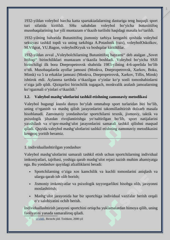 Valeybol mashg'ulotlarini kurs ishi 7