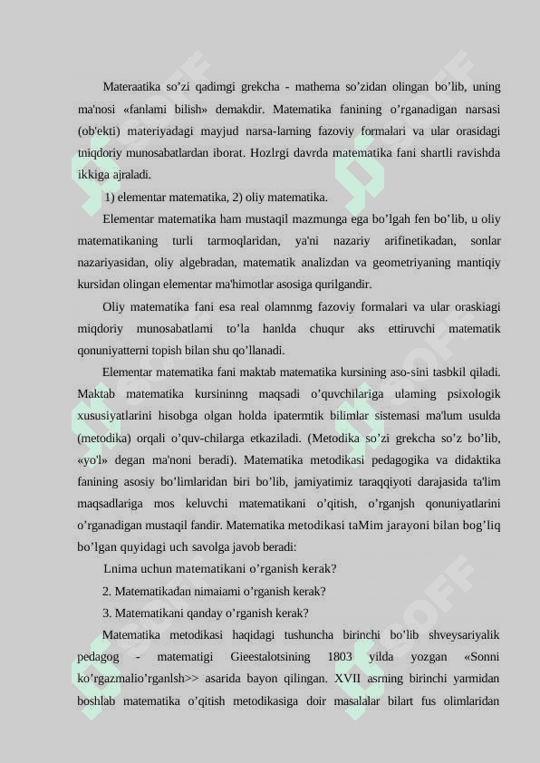 Matematika oqitish metodikasinig tarixi va taraqqiyati .Xalqaro baholash dasturlarining standartlarida(Frame Work) qayd etilgan kompetensiyalar 2