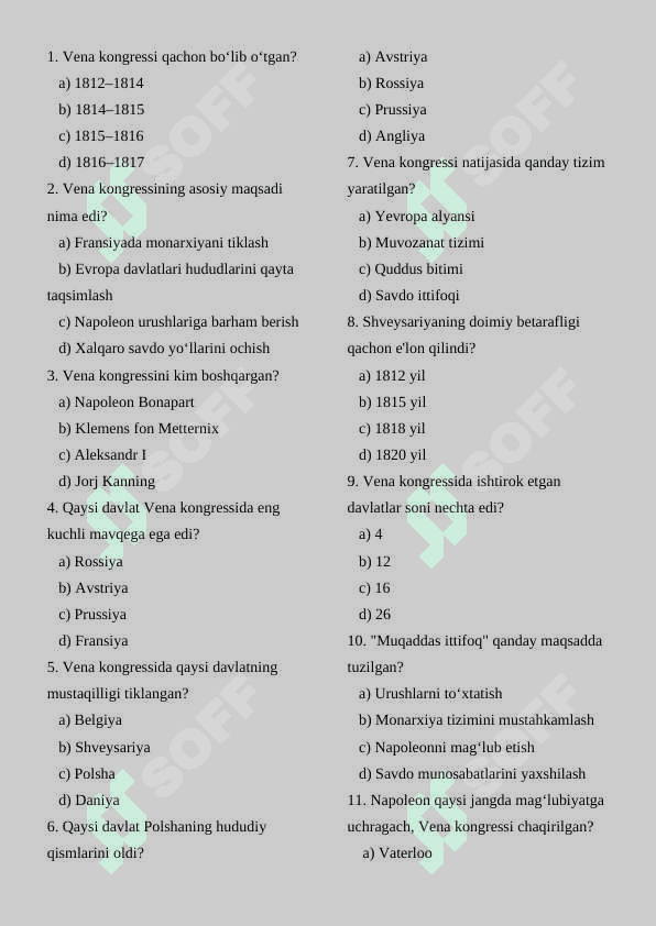 Vena kongressi mavzusida test 2