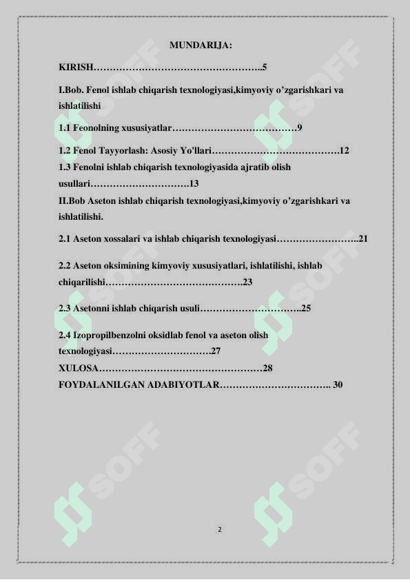 FENOL VA ASETON ISHLAB CHIQARISH TEXNOLOGIYASI,KIMYOVIY O’ZGARISHLARI VA ISHLATILISHI 2