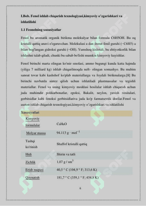 FENOL VA ASETON ISHLAB CHIQARISH TEXNOLOGIYASI,KIMYOVIY O’ZGARISHLARI VA ISHLATILISHI 6