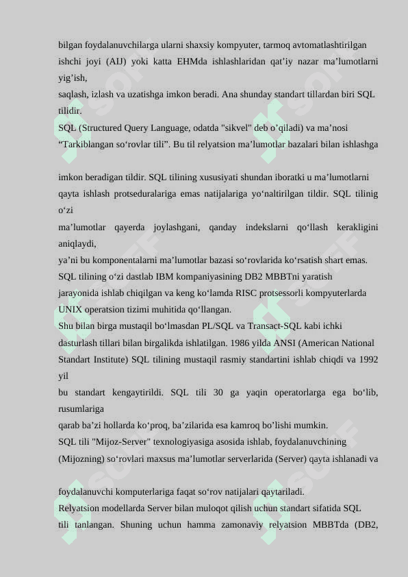 SQL tili. SQL operatorlarini yozish. (DDL, D ML, DQL, DCL) 3
