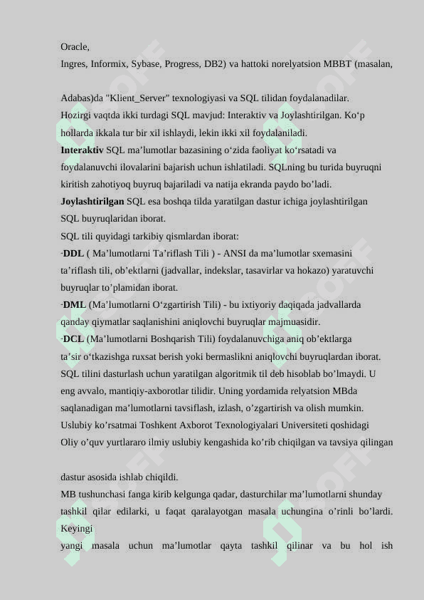 SQL tili. SQL operatorlarini yozish. (DDL, D ML, DQL, DCL) 4