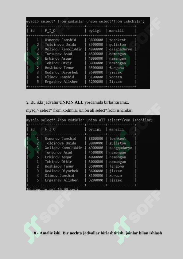 UNION, INTERSECT va MINUS standart so‘zlaridan foydalanish. Malumotlar Bazasi 3