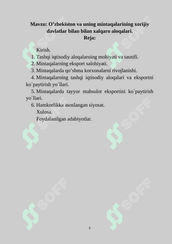 O’zbekiston va uning mintaqalarining xorijiy davlatlar bilan bilan xalqaro aloqalari 2