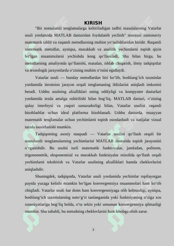 BIR NOMALUMLI TENGLAMALARGA KELTIRILADIGAN TADBIQIY MASALALARNING VATARLAR USULI YORDAMIDA MATLAB DASTURIDAN FOYDALANIB YECHISH 2