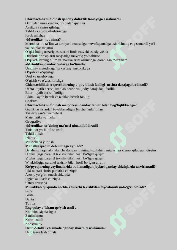 TASVIRIY SAN’AT VA MUHANDISLIK GRAFIKASINI O‘QITISH METODIKASI FANIDAN  200  TA TEST 3