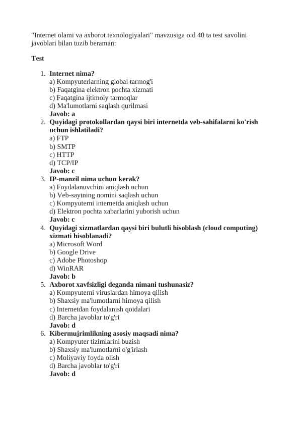 internet olami va axborot texnologiyalar test 1