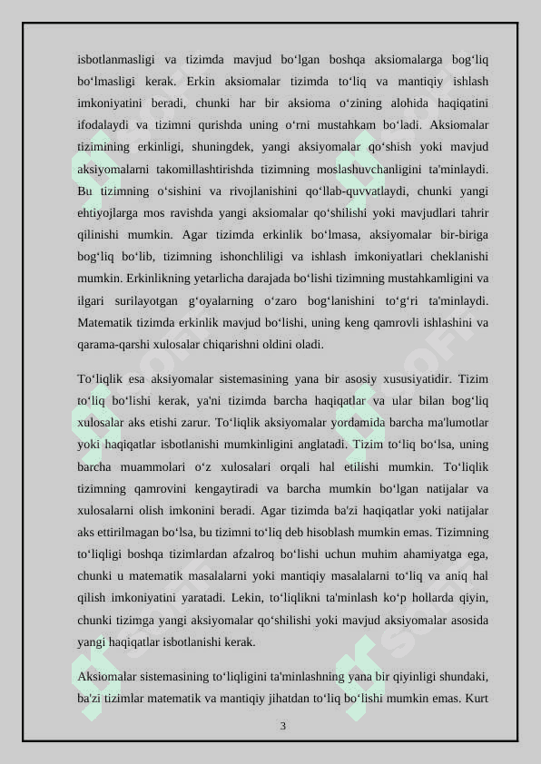 Aksiomalar sistemasining zidsizligi, 3