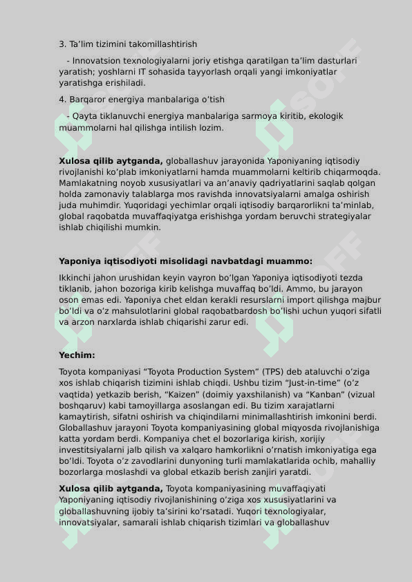 Yaponiya iqtisodiyoti globallashuv jarayonida. Muammoli vaziyat, keys javoblari bilan. 2