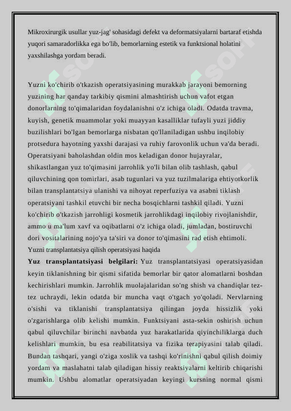 YUZ-JAG` SOHALARIDAGI DEFFEKT VA DEFORMATSIYALARNI PLASTIC OPERATSIYALARNI MIKROXIRURGIK METODLARI YUZ TRANSPLANTATSIYASI 2