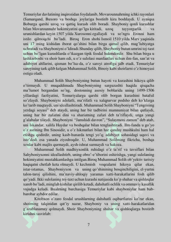 MUHAMMAD SOLIHNING “SHAYBONIYNOMA” ASARITARIXIY  MANBA SIFATIDA” 7