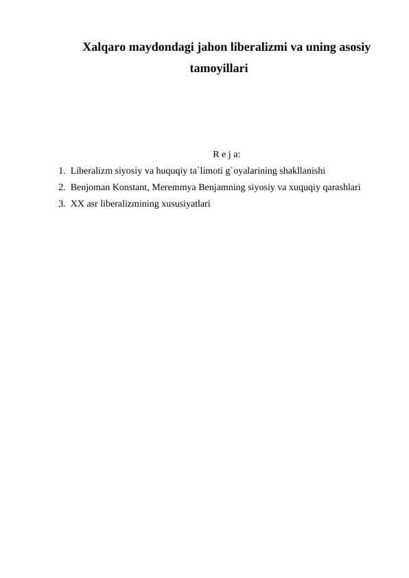 Xalqaro maydondagi jahon liberalizmi va uning asosiy tamoyillari 1