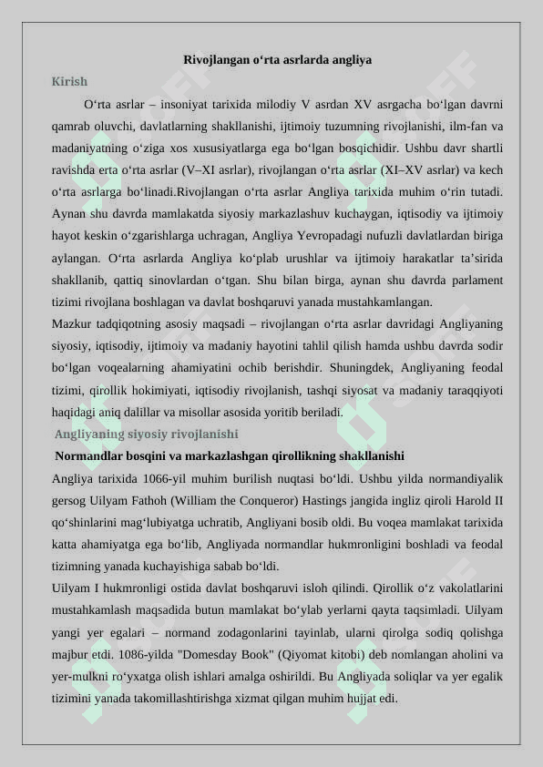 Rivojlangan o‘rta asrlarda Angliya 2