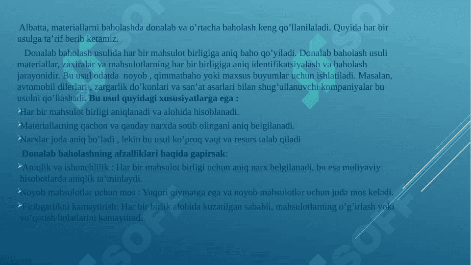 Materiallarni donalab baholash, o’rtacha bahoda, Fifo va boshqa usullarda baholab sarflashni hisobda aks ettirish 3