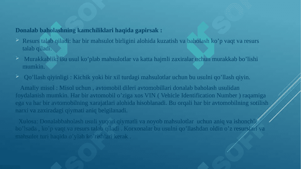 Materiallarni donalab baholash, o’rtacha bahoda, Fifo va boshqa usullarda baholab sarflashni hisobda aks ettirish 4