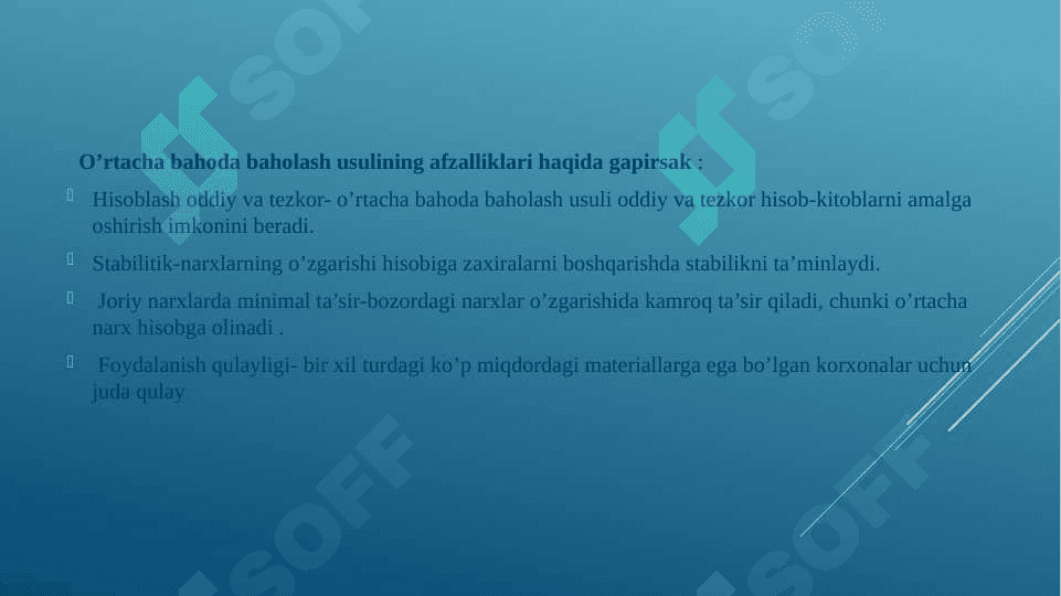 Materiallarni donalab baholash, o’rtacha bahoda, Fifo va boshqa usullarda baholab sarflashni hisobda aks ettirish 6