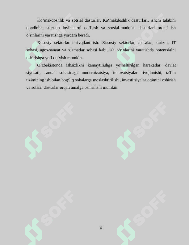 O‘zbekistonda ishsizlik, zamonaviy shakllari, sabablari, kamaytirish usullari. 6
