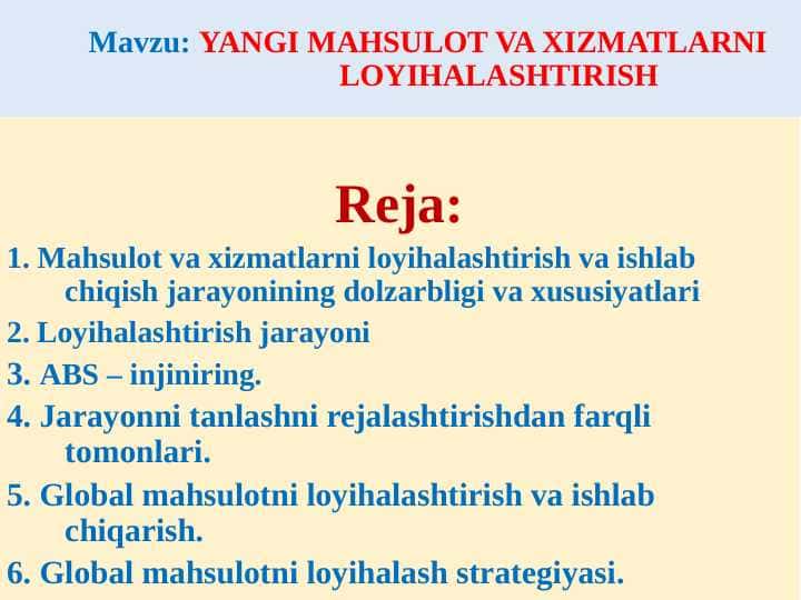 YANGI MAHSULOT VA XIZMATLARNI LOYIHALASHTIRISH